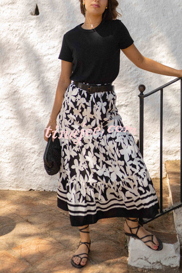 Resort Style Botanical Print Elastic Waist Loose Stitching Midi Skirt