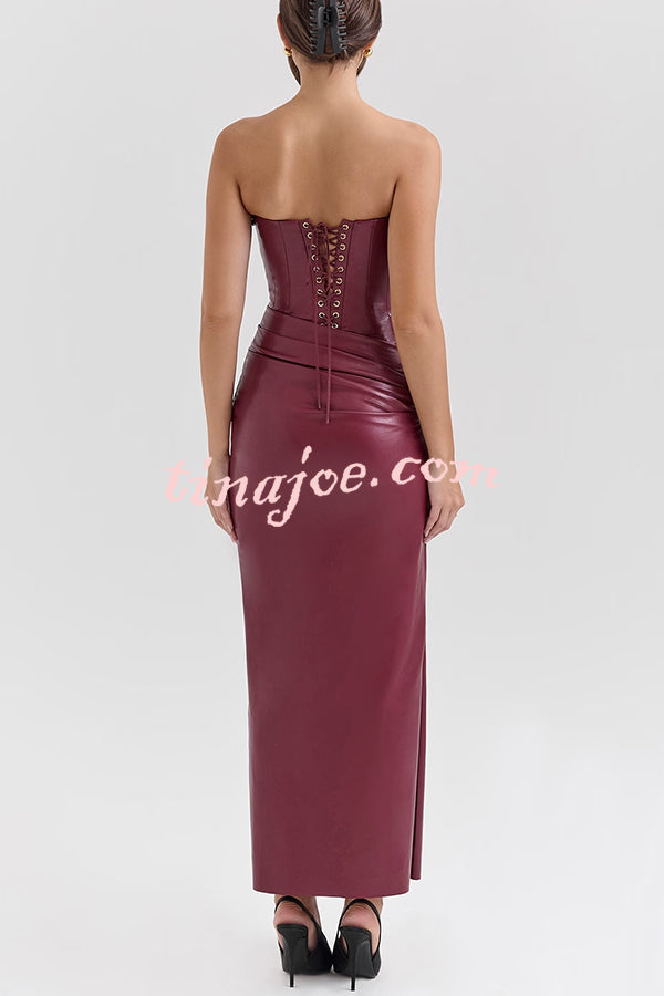 Charm Redefined Faux Leather Off Shoulder Back Lace-up Stretch Maxi Dress