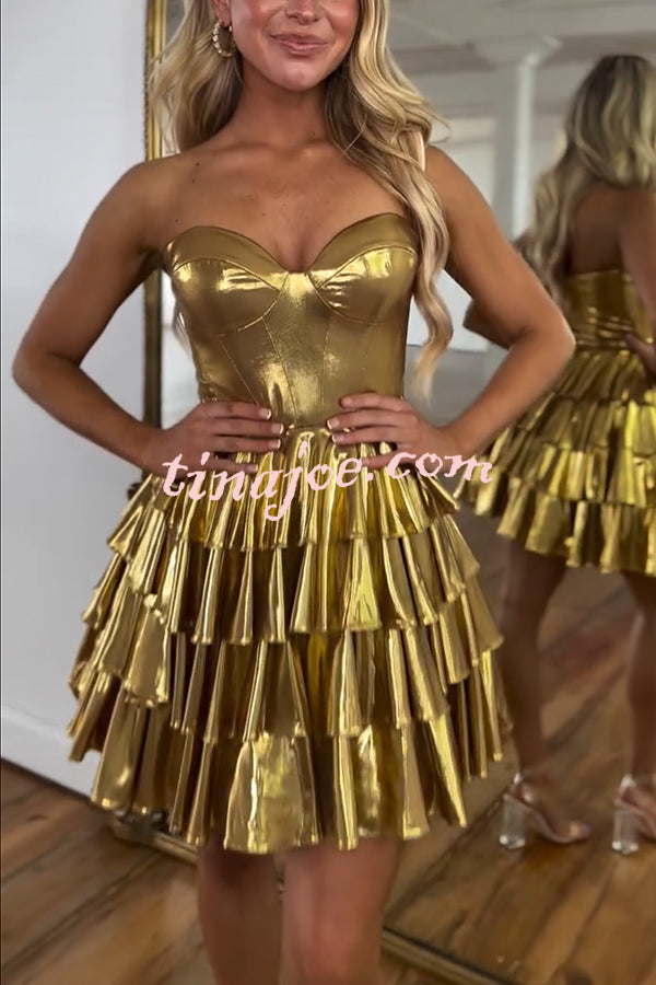 Like A Princess Metallic Fabric Off Shoulder Layered Rusffles Mini Dress