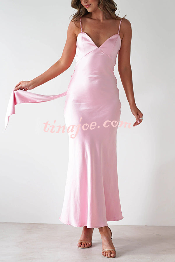 Satin Elegant Sling Backless Lace-Up Midi Dress