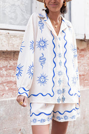 Symbol of Sicily Linen Blend Unique Print Balloon Sleeve Button Loose Shirt