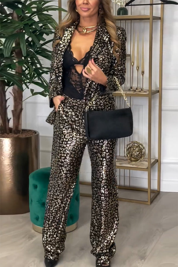 Mona Leopard Metallic Fabric Lapel Boyfriend Blazer and Elastic Waist Pocketed Loose Pants Set