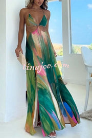 Andie Splash Ink Printed Cutout Back Tie-up Slit Vacation Maxi Dress