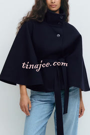 Fashionable Stand Collar Button Waist Tie Loose Cape