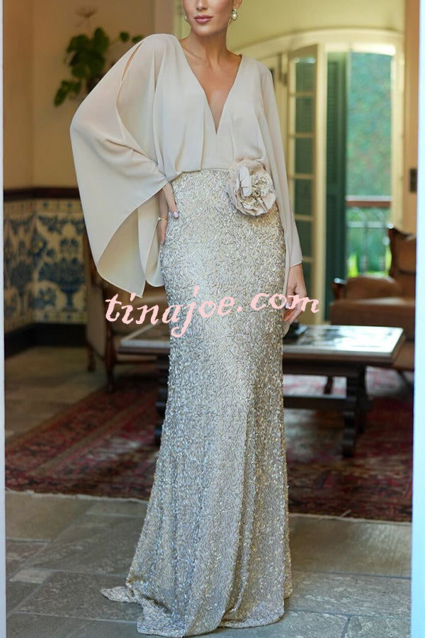 Aleina Chiffon Batwing Sleeve Flower Embroidered Waist Sequin Fabric Maxi Dress