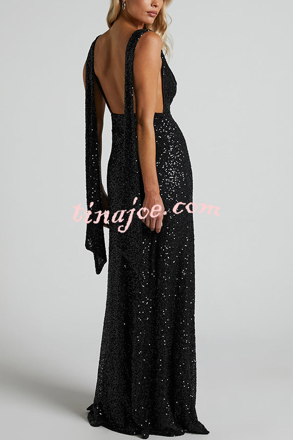 All The Sparkle Sequin Cowl Neck Backless Slit Stretch Maxi Dress