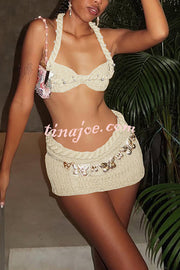 Sexy Halterneck Pearl-embellished Lace-up Tank and Fitted Knit Mini Skirt Set