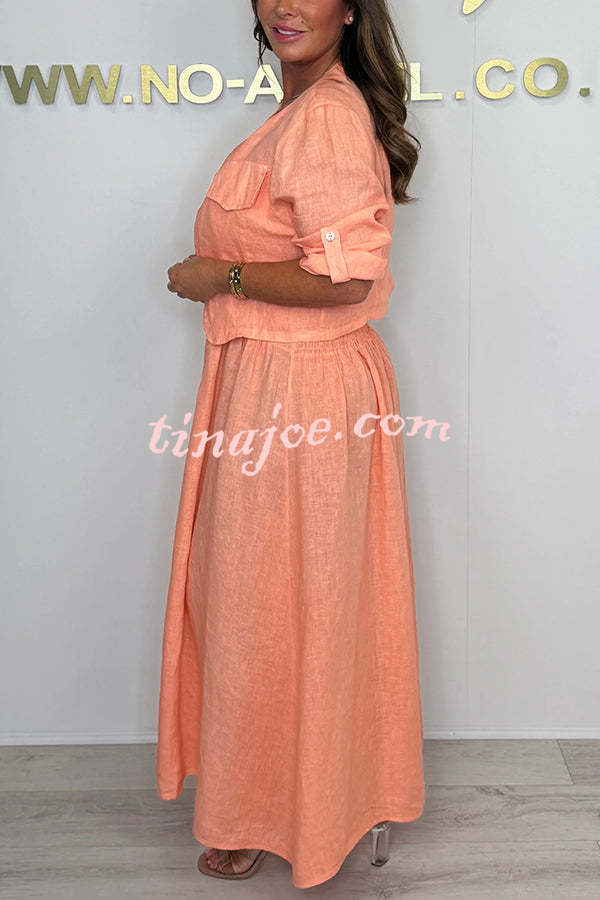 Solid Color Casual Short Jacket and Suspender Pleated Maxi Dress Set