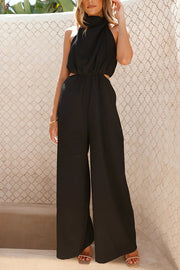 Solid Color Resort Style Halter Neck Waist Pocket Wide Leg Jumpsuit