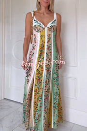 Sweet Garden Linen Blend Color Block Floral Paneled Maxi Dress