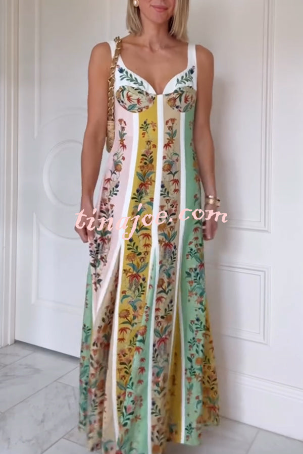 Sweet Garden Linen Blend Color Block Floral Paneled Maxi Dress