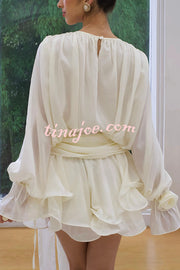 Solid Color Long Sleeve V-Neck Lace-Up Elegant Flower Decorated Mini Dress