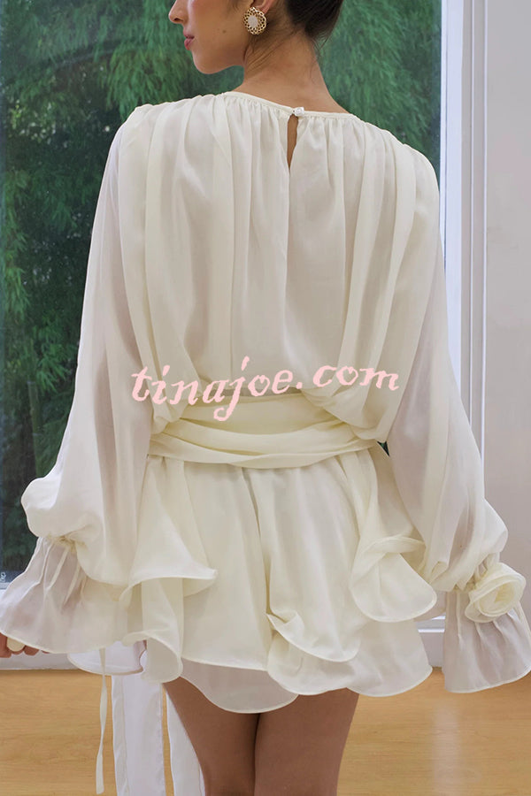 Solid Color Long Sleeve V-Neck Lace-Up Elegant Flower Decorated Mini Dress