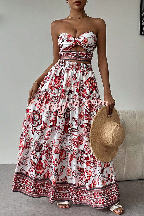 Floral Print Cutout Bandeau Top and Elastic Waist Full Maxi Skirt Set