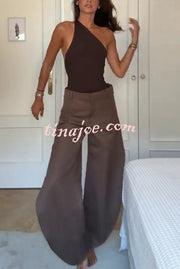 Fashion Slim-fit One-shoulder Stretch Bodysuit and Casual Side-slit Pants Set