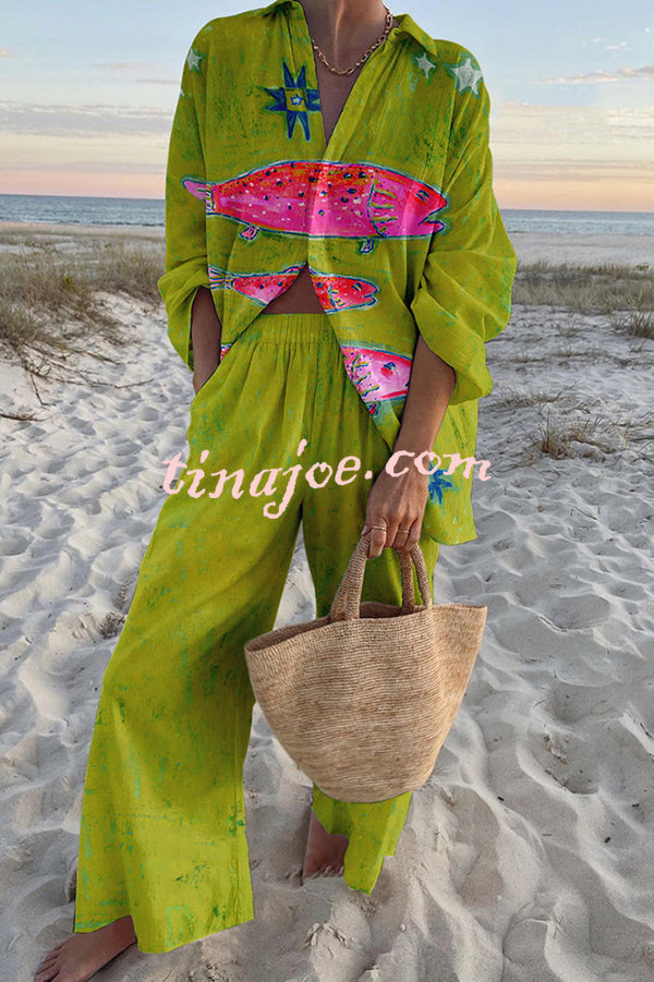 Exotic Fish Print Oversized Shirt and Elastic Waist Pocket Pants Set