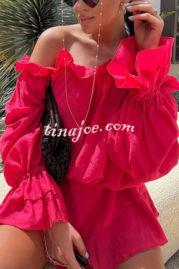Arnell Linen Blend Off Shoulder Balloon Sleeve Shirt and Elastic Waist Layered Shorts Set