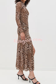 Revina Mesh Leopard Print Mock Neck Gathered Waist Long Sleeve Stretch Midi Dress
