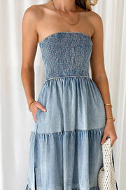 Asmn Off Shoulder Pleated Paneled Denim Maxi Dress