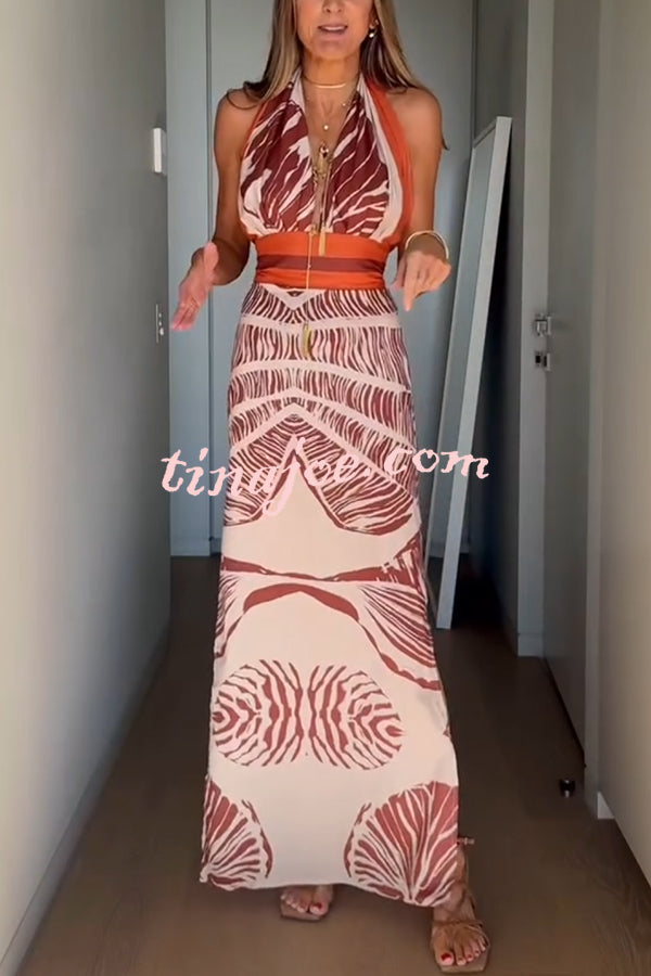 Vacay Bound Linen Blend Unique Botanical Print Halter Maxi Dress