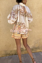 Botanical Print Palace Style Stand-up Collar Lantern Sleeve Loose Top and Casual Shorts Set