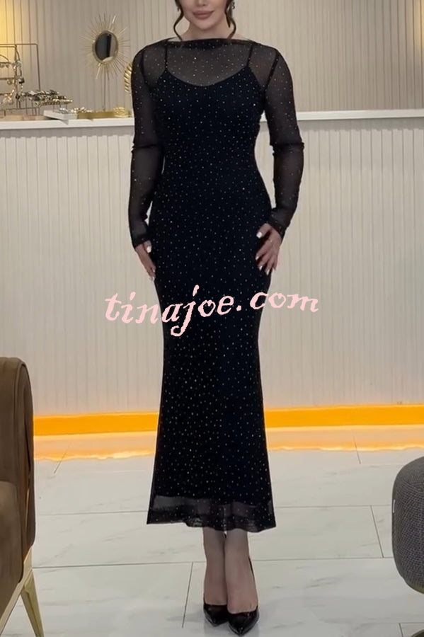 Raylene Mesh Diamond Glitter Fabric Long Sleeve Stretch Midi Dress