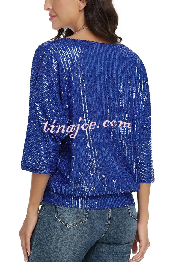 Solid Color Sequined Loose Round Neck Casual Top