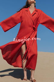 Linen Blend Solid Color Casual Lapel Tie Loose Maxi Dress