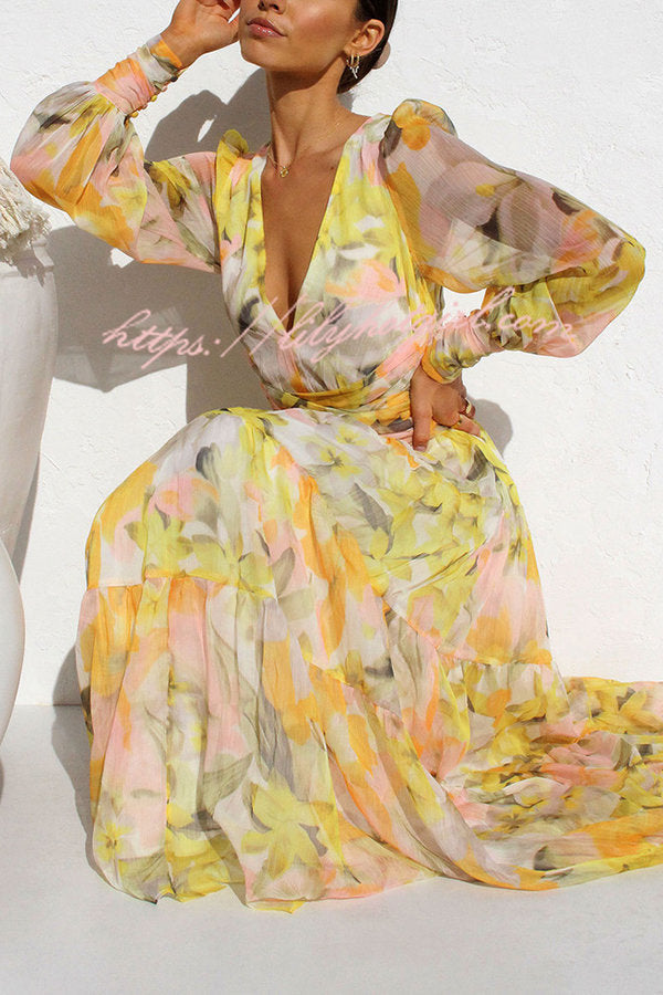 Olena Abstract Floral Balloon Sleeves Maxi Dress