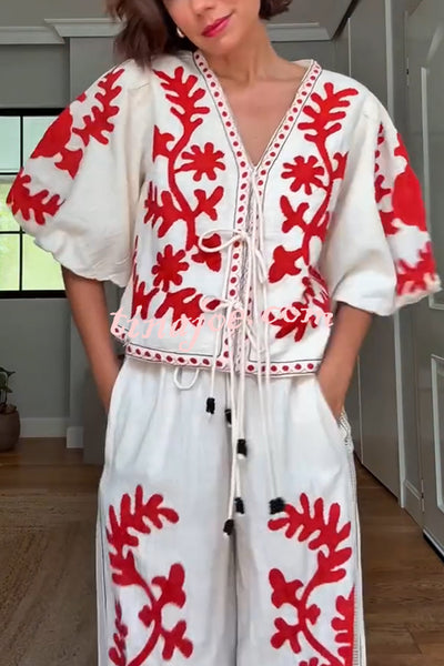 Till Sunset Linen Blend Unique Print Lace-up Puff Sleeve Shirt