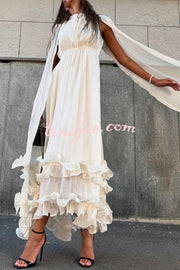 Fashionable V-neck Lace-up Ruffled Double-layer Hem Maxi Dress
