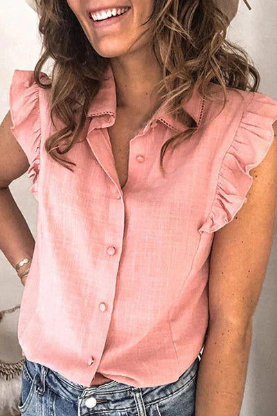 Solid Color Short Ruffle Sleeve Button Front Shirt