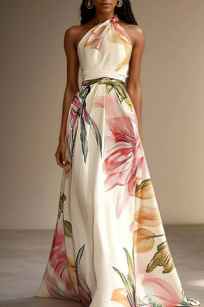 Floral Print One-shoulder Tie-waist Full-hem Maxi Dress
