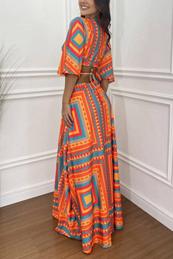 Wilma Unique Print Cutout Elastic Waist Tie-up Kimono Sleeve Maxi Dress