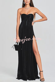 Metallic Sexy Tube Top Pleated High Slit Maxi Dress