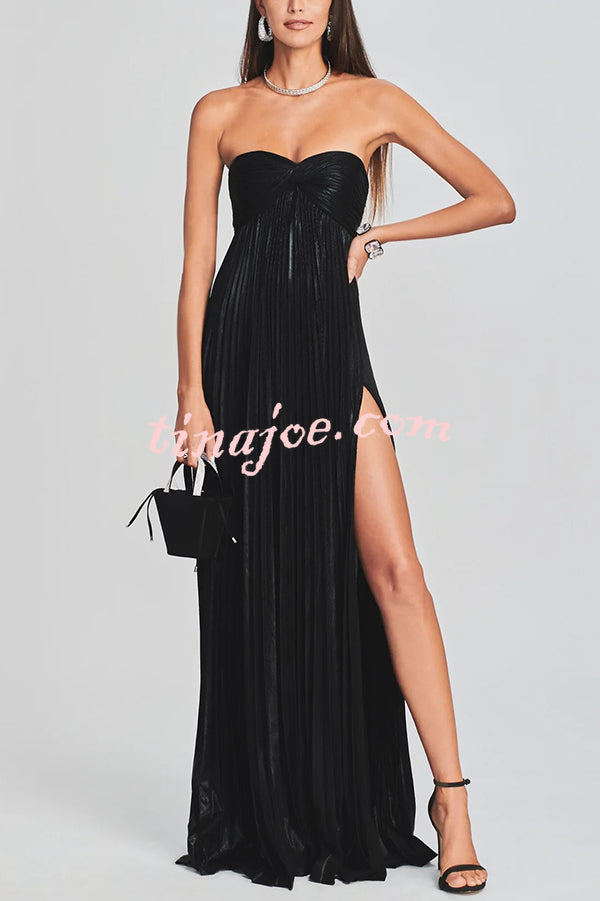 Metallic Sexy Tube Top Pleated High Slit Maxi Dress