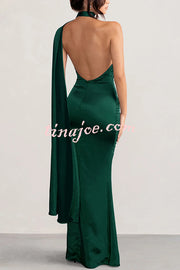 VIP Party Satin Asymmetric Scarf Neck Backless Maxi Dress