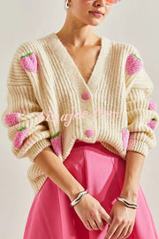 Stylish and Sweet V-neck Strawberry Embellished Knitted Cardigan