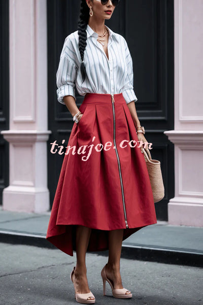 Effortless Charm Front Zipper Detail Pocketed High Low Pleated Midi Skirt
