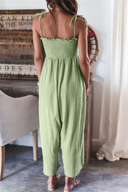 Elegant Solid Color High Waist Linen Blend Suspender Pleated Jumpsuit