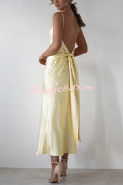 Satin Elegant Sling Backless Lace-Up Midi Dress