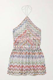 Juney Knit Colorful Zigzag Pattern Halter Neck Slit Wide Leg Loose Romper
