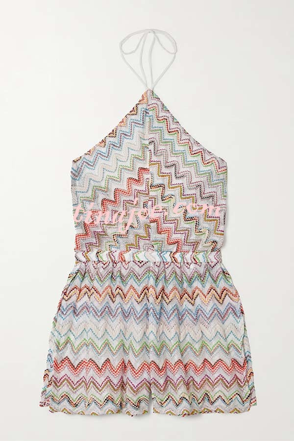 Juney Knit Colorful Zigzag Pattern Halter Neck Slit Wide Leg Loose Romper