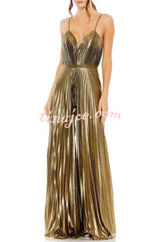 Disco Fashion Metallic Fabric Pleated Pocket Slip Wide Leg Jumpsuit