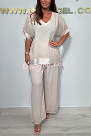 Fashionable V-neck Short-sleeved Loose Top and Elastic Waist Casual Wide-leg Pants Set
