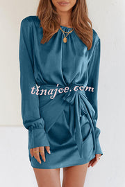 Satin Round Neck Long Sleeve Elastic Tie Mini Dress