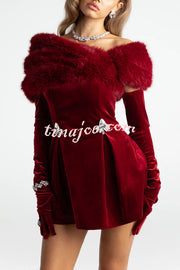 Luxury Chic Velvet Removable Faux Fur Collar Shiny Buckles Mini Dress