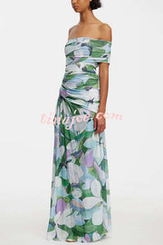 Sunshine and Wine Mesh Floral Print Off Shoulder Ruched Stretch Maxi Dress