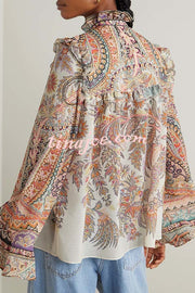 Feeling Dreamy Paisley Print Ruffle Jacquard Bell Sleeve Loose Blouse