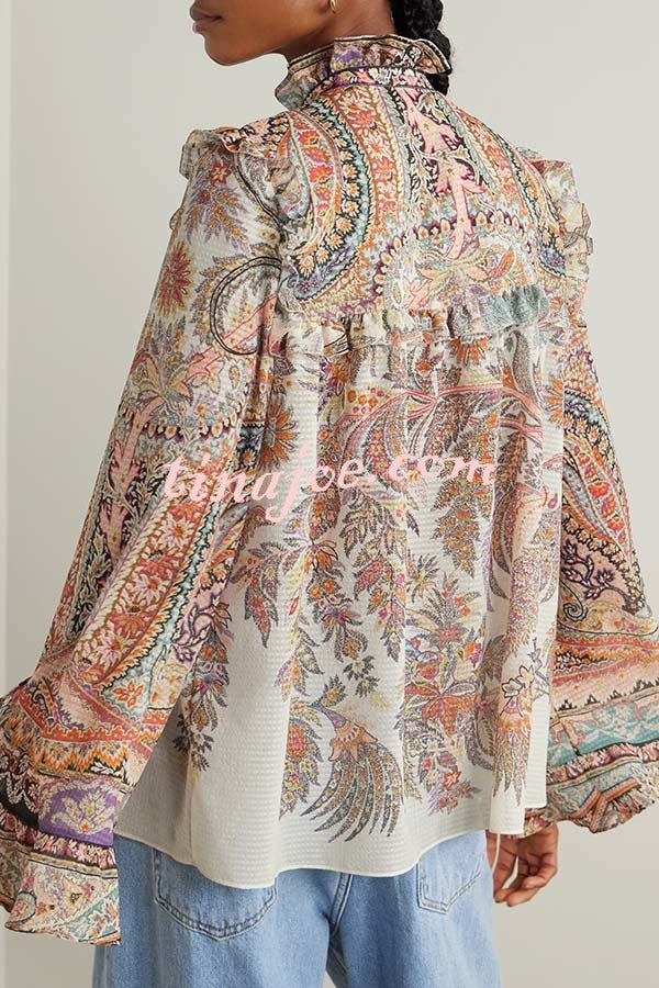 Feeling Dreamy Paisley Print Ruffle Jacquard Bell Sleeve Loose Blouse